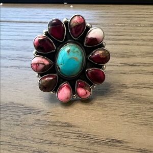 Red Dahlia and Mojave Turquoise Adjustable Sterling Ring